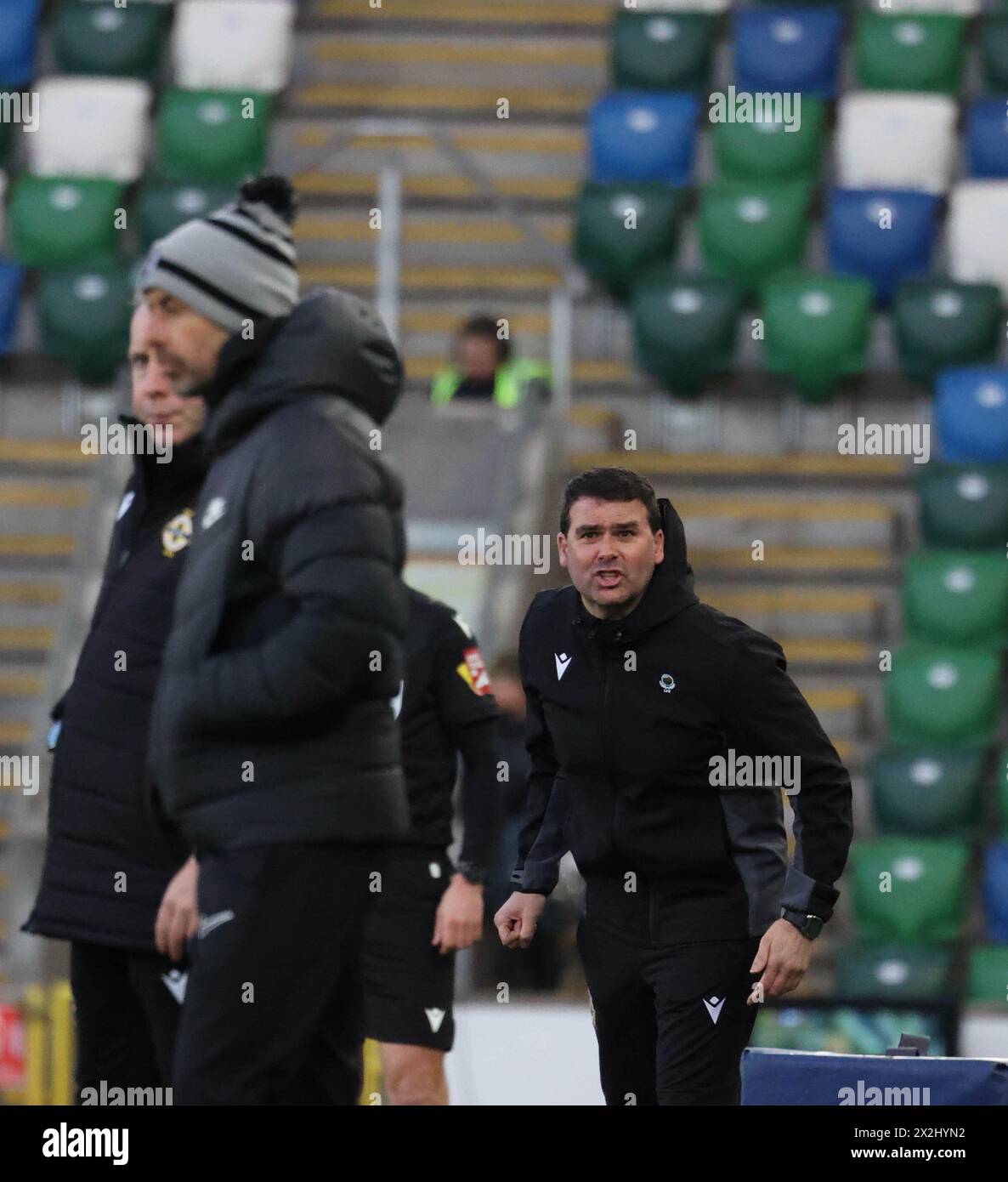 Windsor Park, Belfast, Nordirland, Großbritannien. April 2024. Sports Direct Premiership – Linfield gegen Larne. Die irische Premiership-Aktion vom heutigen Titelentscheid in Belfast. (Linfield in blau). Linfield Manager David Healy. Quelle: CAZIMB/Alamy Live News. Stockfoto