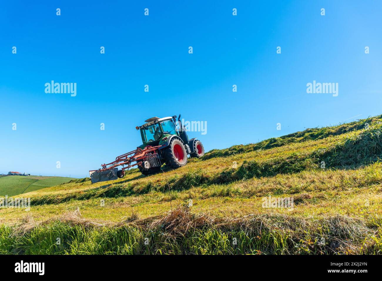 Ein Traktor fährt einen Hang hinunter und pflügt das Gras. Der Himmel ist klar und blau, und die Sonne scheint hell. Die Szene ist friedlich und Stockfoto