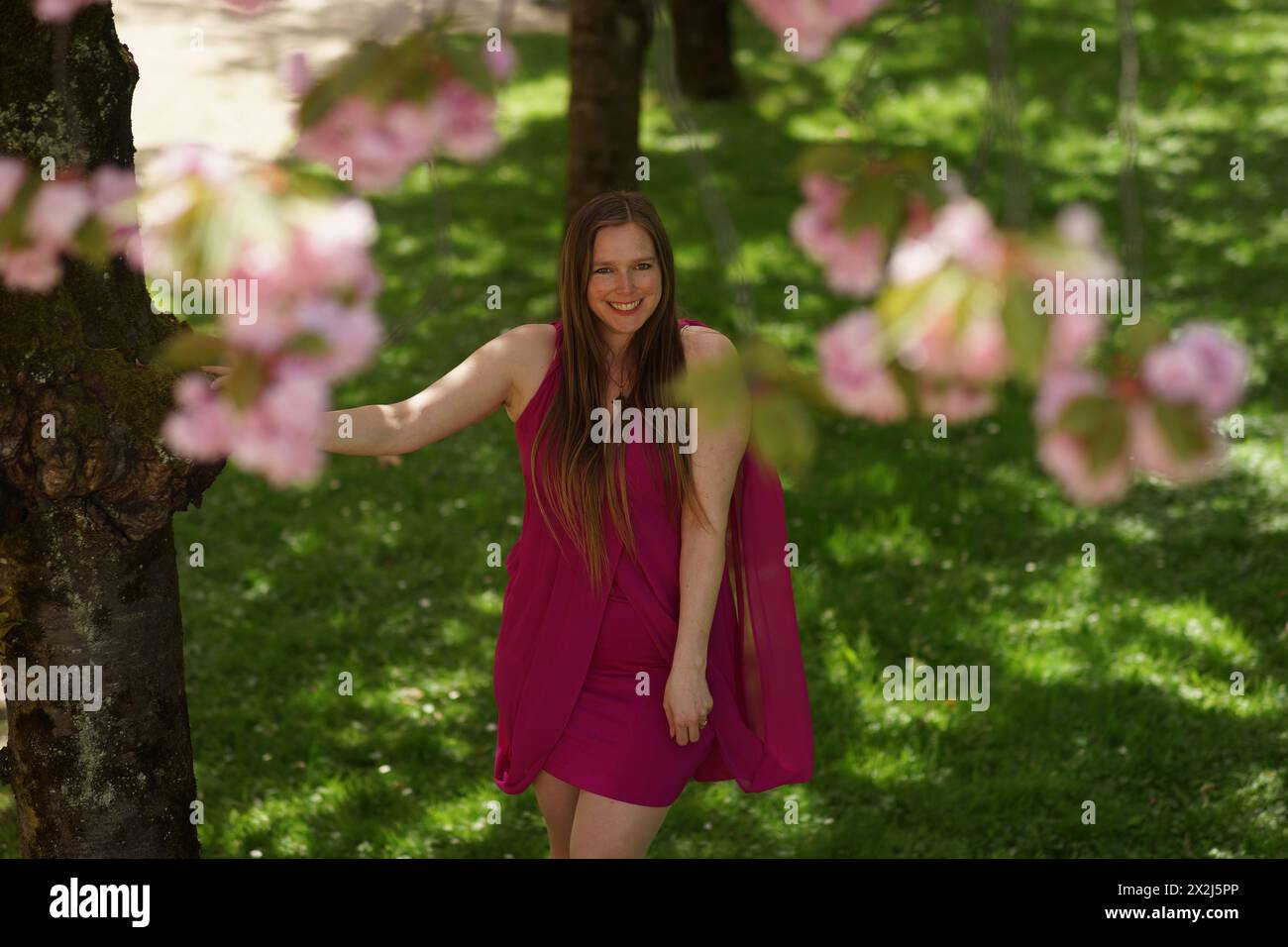 Ein Porträt einer Europäerin in einem burgunderroten Kleid, die natürlich und warm in die Kamera lächelt. Sie wird von Kirschblüten flankiert, die im Nebel verschwimmen Stockfoto