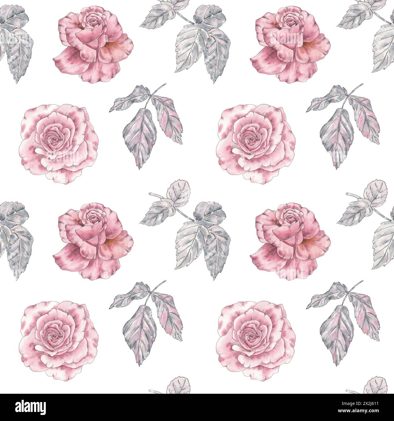 Rose Pfingstrose rosa und Blätter nahtlose Muster Aquarell Vintage Handzeichnung Illustration in botanischem Stile. Kunstdruck für Design-Hochzeitseinladungen Stockfoto