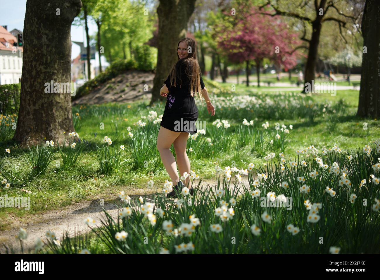 Glückliche Europäerin dreht sich mit ihrem schwarzen Kleid im Park, umgeben von weißen Narzissen. Sie strahlt Frühlingsfreude aus, Leichtigkeit, Glück, Stockfoto