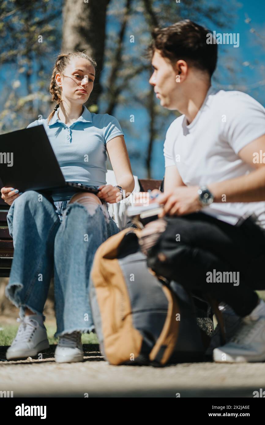 Junge Studenten studieren gemeinsam in der Natur Stockfoto