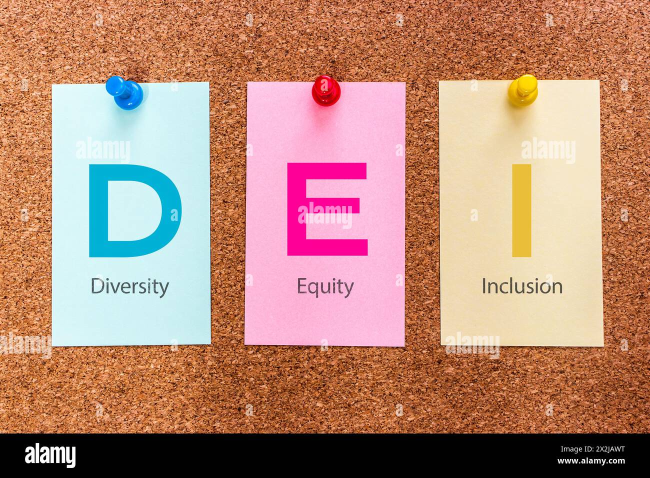 Konzeptuelles Schlüsselwort DEI (Diversity, Equity, and Inklusion) mit 3 Buchstaben auf mehrfarbigen Aufklebern, die an einem Korkbrett befestigt sind. Stockfoto