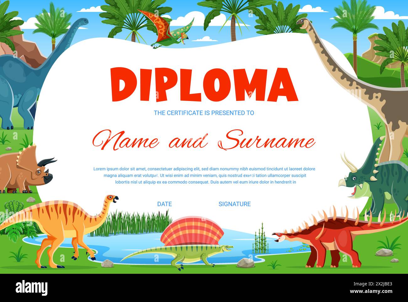 Kinderdiplom. Lustige Zeichentrickfilme Dinosaurier Zeichen in der Nähe des Sees Vektor Zertifikat der Kindergarten- oder Vorschulausbildung. Niedliche triceratops, Brontosaurus, Pterodactyl, Brachiosaurus und Spinosaurus Dinos Stock Vektor