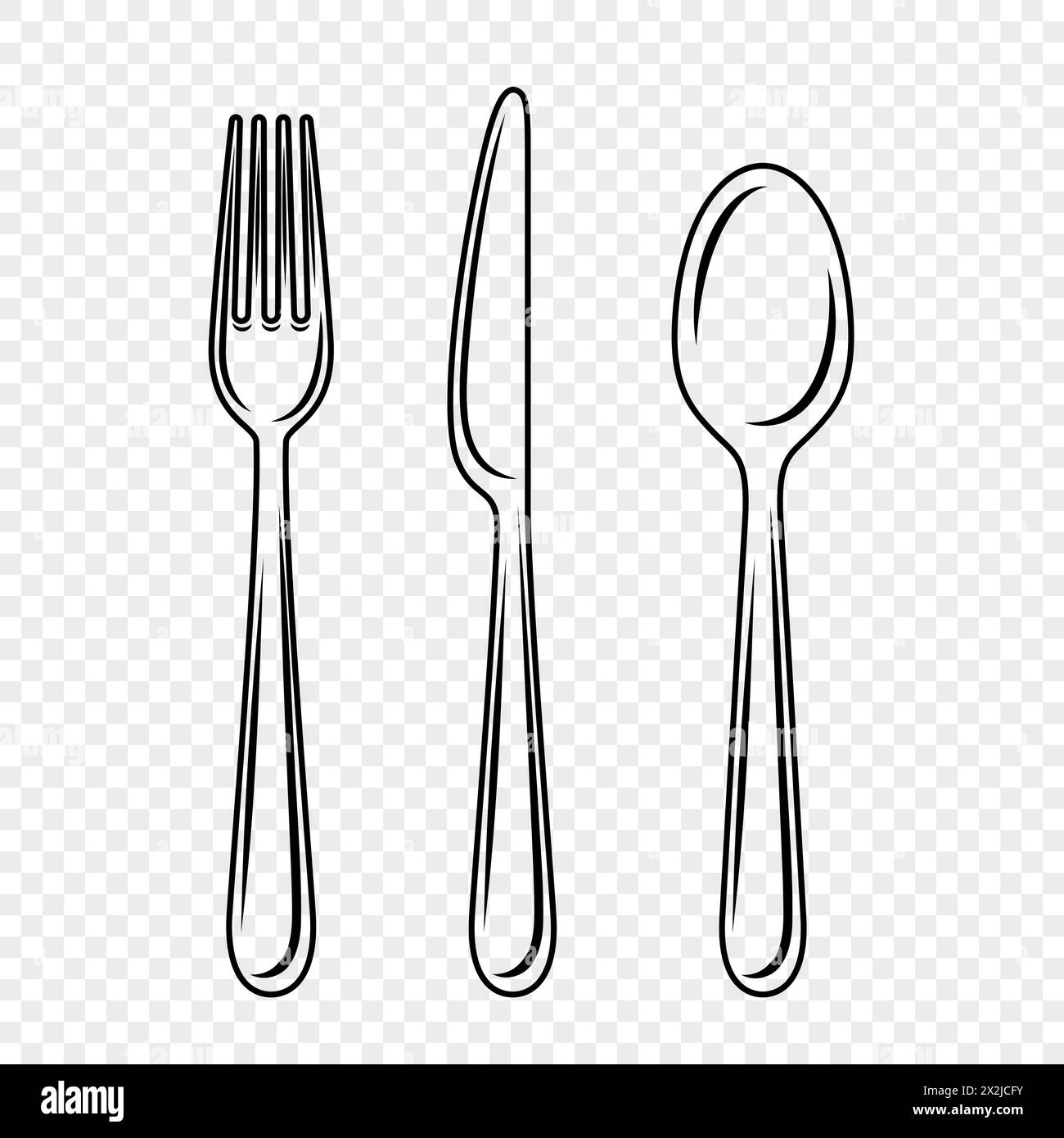 Vektor flache Gabel, Messer und Löffel mit Outline Symbol Set, Besteck, isoliert Stock Vektor