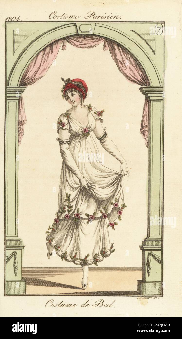 Frau, die im Ballkleid tanzt, Paris, 1804. Mit Samthut mit Blumengirlande, Robe in neuem Stil mit Blumen dekoriert. Platte 528 in der Pariser Ausgabe mit Hintergrundgewölbe und Vorhängen. Kostüm de bal. Handkolorierter Stich von Friedrich Ludwig Neubauer nach einer originalen Modetafel von Carle Vernet, Jean-Francois Bosio, Dominique Bosio oder Philibert Louis Debucourt aus Pierre de la Messengere’s Journal des Dames et des Modes, Frankfort sur le mein, 1804. Nach Illustrationen von Carle Vernet, Jean-Francois Bosio, Dominique Bosio und Philibert Louis Debucourt. Stockfoto