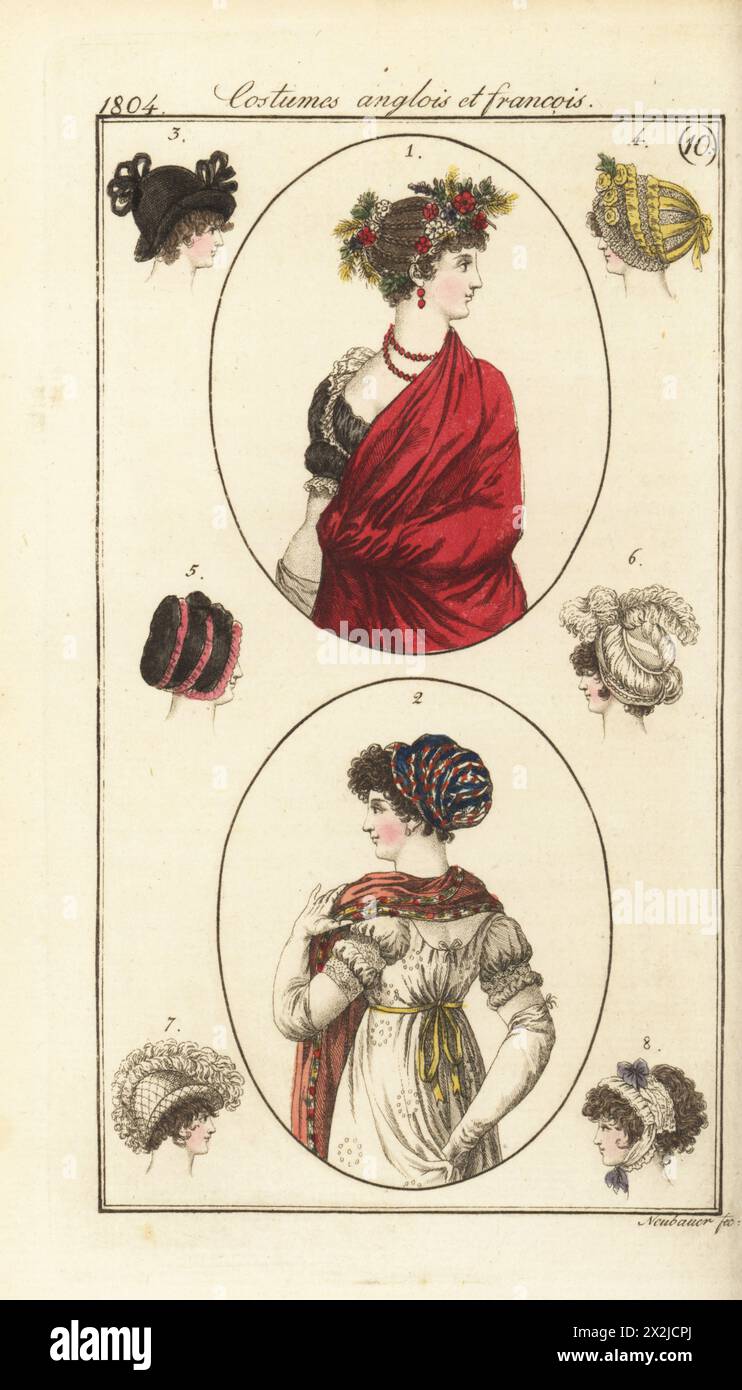 Modische Frau im vollen Kleid mit Blumen in den Haaren 1 und Frau im Turban mit einem türkischen Schal 2. Grande parure 1 (PL. 530 in der Pariser Ausgabe), Turban fait avec un schall Turc 2 (PL. 529). Handkolorierter Kupferstich von Friedrich Ludwig Neubauer aus Pierre de la Messengere’s Journal des Dames et des Modes, Francfort sur le mein (Frankfurt) 1804. Nach Illustrationen von Carle Vernet, Jean-Francois Bosio, Dominique Bosio und Philibert Louis Debucourt. Stockfoto