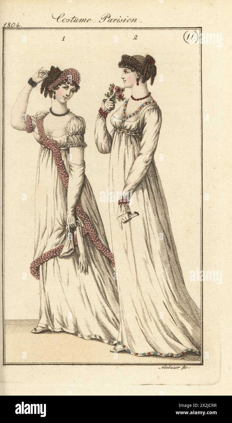 Modische Frauen in Ballkleid und Tunikakleid, verziert mit türkischem Band, ihre Haare zu einem Diadem geflochten, 1804. Costume de bal 1 (PL. 533 in der Pariser Ausgabe). Diadem de nattes, tunique garnie en rubans Turcs 2 (PL. 532 mit entferntem Tuch). Handkolorierter Kupferstich von Friedrich Ludwig Neubauer aus Pierre de la Messengere’s Journal des Dames et des Modes, Francfort sur le mein (Frankfurt) 1804. Nach Illustrationen von Carle Vernet, Jean-Francois Bosio, Dominique Bosio und Philibert Louis Debucourt. Stockfoto