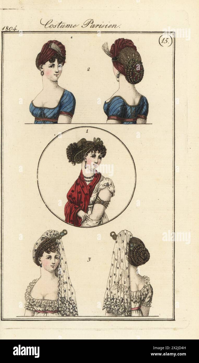 Spanische Frisur mit goldenem Netz 1 (PL. 536 in der Pariser Ausgabe), Irisfrisur 2 und Schleier mit silbernen Flecken 3. Reseau en oder a l'espagnole 1, coeffure a l'iris 2, coeffure avec un voile a mouches d'argent 3. Handkolorierter Kupferstich aus Pierre de la Messengere’s Journal des Dames et des Modes, Francfort sur le mein (Frankfurt) 1804. Nach Illustrationen von Carle Vernet, Jean-Francois Bosio, Dominique Bosio und Philibert Louis Debucourt. Stockfoto