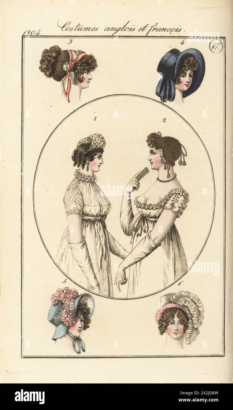 Frau in Musselinturban und Fichu-Bluse 1 (PL. 542 der Pariser Ausgabe), goldenem Netz und Zöpfen 2 (PL. 543), Haarschnitt mit Bandana 3, ägyptischer Hüte 4,5 und Samthut 6. Fichu-chemise a pointes, reseau en Fil d'Or usw. Handkolorierter Kupferstich von Friedrich Ludwig Neubauer aus Pierre de la Messengere’s Journal des Dames et des Modes, Francfort sur le mein (Frankfurt) 1804. Nach Illustrationen von Carle Vernet, Jean-Francois Bosio, Dominique Bosio und Philibert Louis Debucourt. Stockfoto