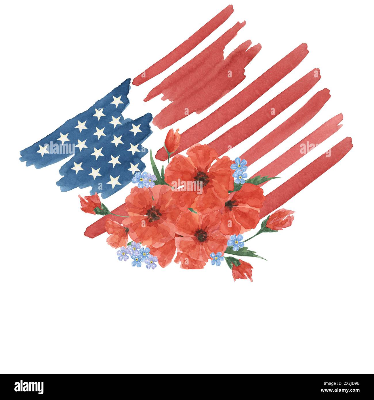 Clipart zum Memorial Day. US-Flagge, rote Mohnblume, Vergiss-mich-nicht, Skorpiongräser. Patriotische handgezeichnete Aquarelle Heimat der tapferen Karte, Erinnerungsbanner, Gedenkveranstaltungen, Flyer, Verkauf Stockfoto