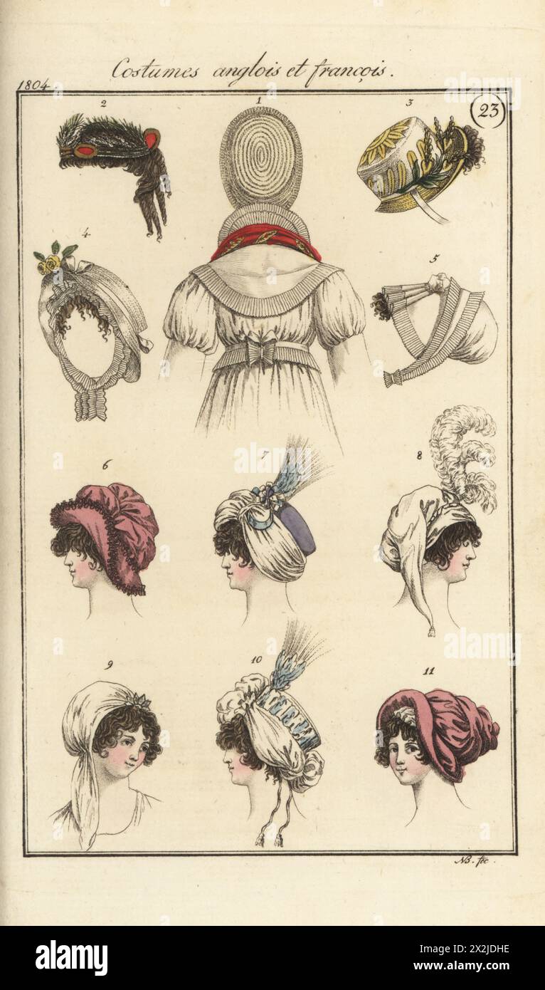 Modische Strohhauben, Turban, Kornett und Kopfschmuck, dekoriert mit Straußenfedern, Federn und Blumen, 1804. Französische Kostüme 1-5 von PL. 552 in der Pariser Ausgabe, Englisch 6-11 aus Richard Phillips' Fashions of London & Paris. Handkolorierter Kupferstich von Friedrich Ludwig Neubauer aus Pierre de la Messengere’s Journal des Dames et des Modes, Francfort sur le mein (Frankfurt) 1804. Nach Illustrationen von Carle Vernet, Jean-Francois Bosio, Dominique Bosio und Philibert Louis Debucourt. Stockfoto