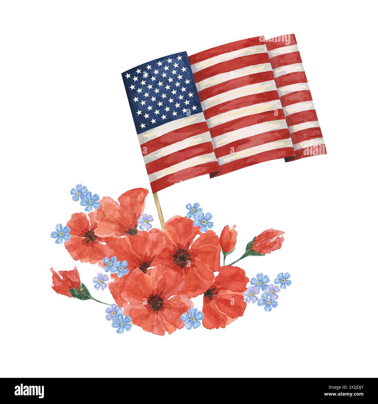 Clipart zum Memorial Day. US-Flagge, rote Mohnblume, Vergissmeinnots. Patriotische handgezeichnete Aquarelle Heimat der tapferen Karte, Erinnerungsbanner und Ehrenbanner, Gedenkveranstaltungen, Veteran-Grußflyer, Verkauf Stockfoto