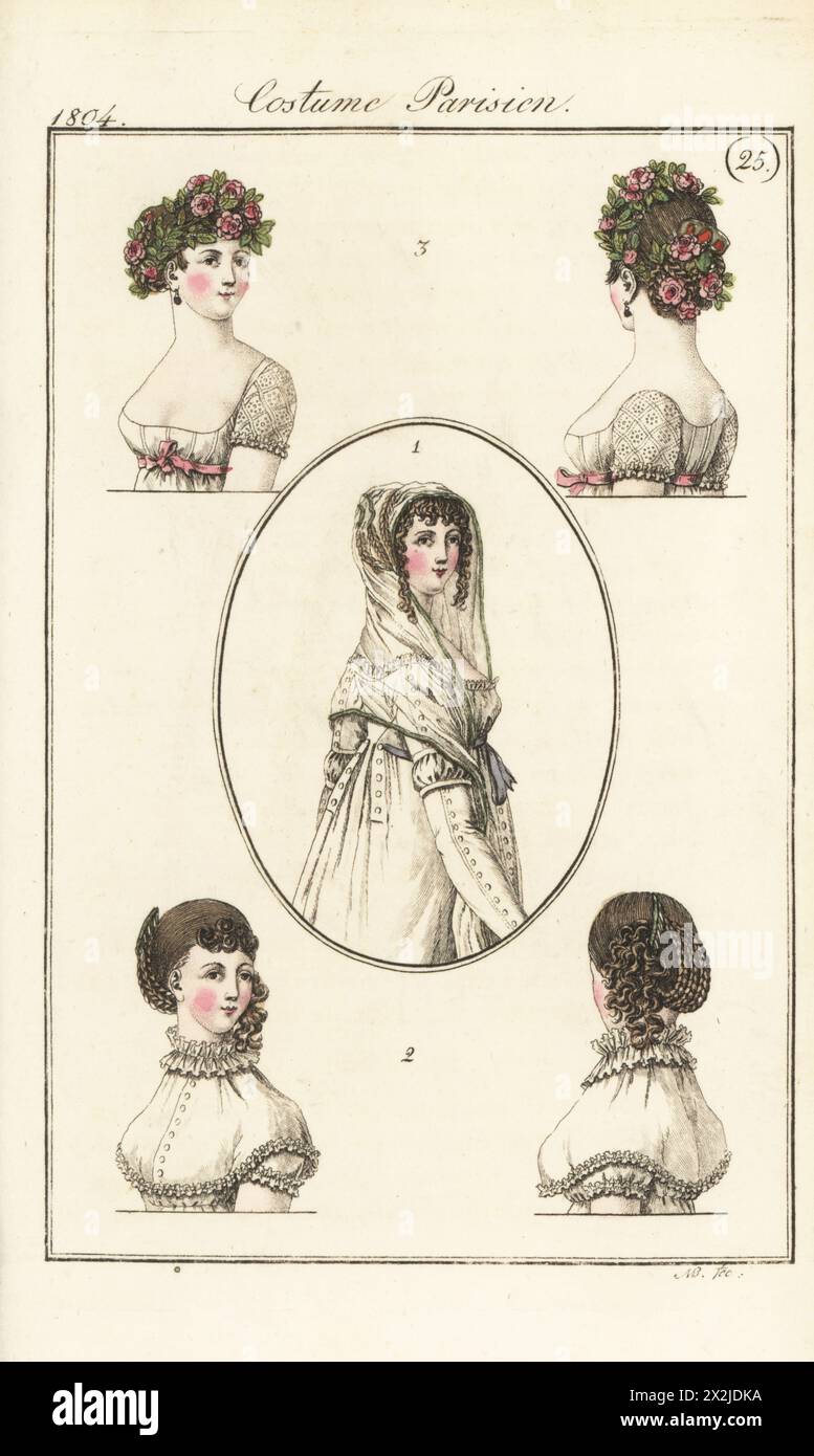 Frisur a la Lavailliere mit Schleier 1, Haarsträhnen 2, mit Blumengirlande 3. Inspiriert von der Geliebten Ludwig XVI., der Herzogin de La Vallière. Coeffure a la Lavailliere, avec une chevelure de demi aune, avec une guirlande. Handkolorierter Kupferstich von Friedrich Ludwig Neubauer aus Pierre de la Messengere’s Journal des Dames et des Modes, Francfort sur le mein (Frankfurt) 1804. Nach Illustrationen von Carle Vernet, Jean-Francois Bosio, Dominique Bosio und Philibert Louis Debucourt. Stockfoto