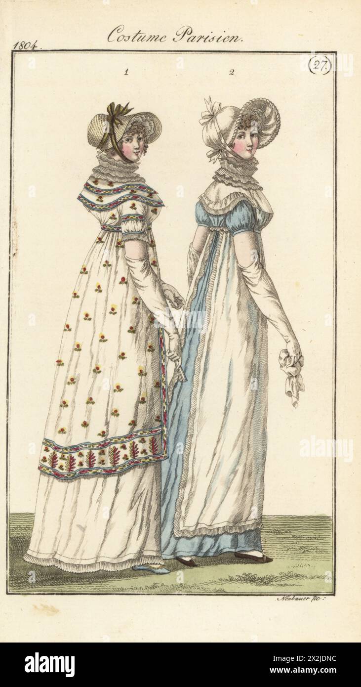 Französin mit halber Haube, Rüschen-Kragen, besticktem Tunikakleid mit Kapeletten 1 und Frau mit Perkalenhut, Rüschenkragen, Fichuschürze und blauem Kleid mit weißer Schürze. Colerette et Demi Motorhaubengauffres, Spannzangen a la Pelerine 1 (PL. 557). Chapeau de perkale, tablier-fichu 2 (PL. 560 in der Pariser Ausgabe). Handkolorierter Kupferstich von Friedrich Ludwig Neubauer aus Pierre de la Messengere’s Journal des Dames et des Modes, Francfort sur le mein (Frankfurt) 1804. Nach Illustrationen von Carle Vernet, Jean-Francois Bosio, Dominique Bosio und Philibert Louis Debucourt. Stockfoto