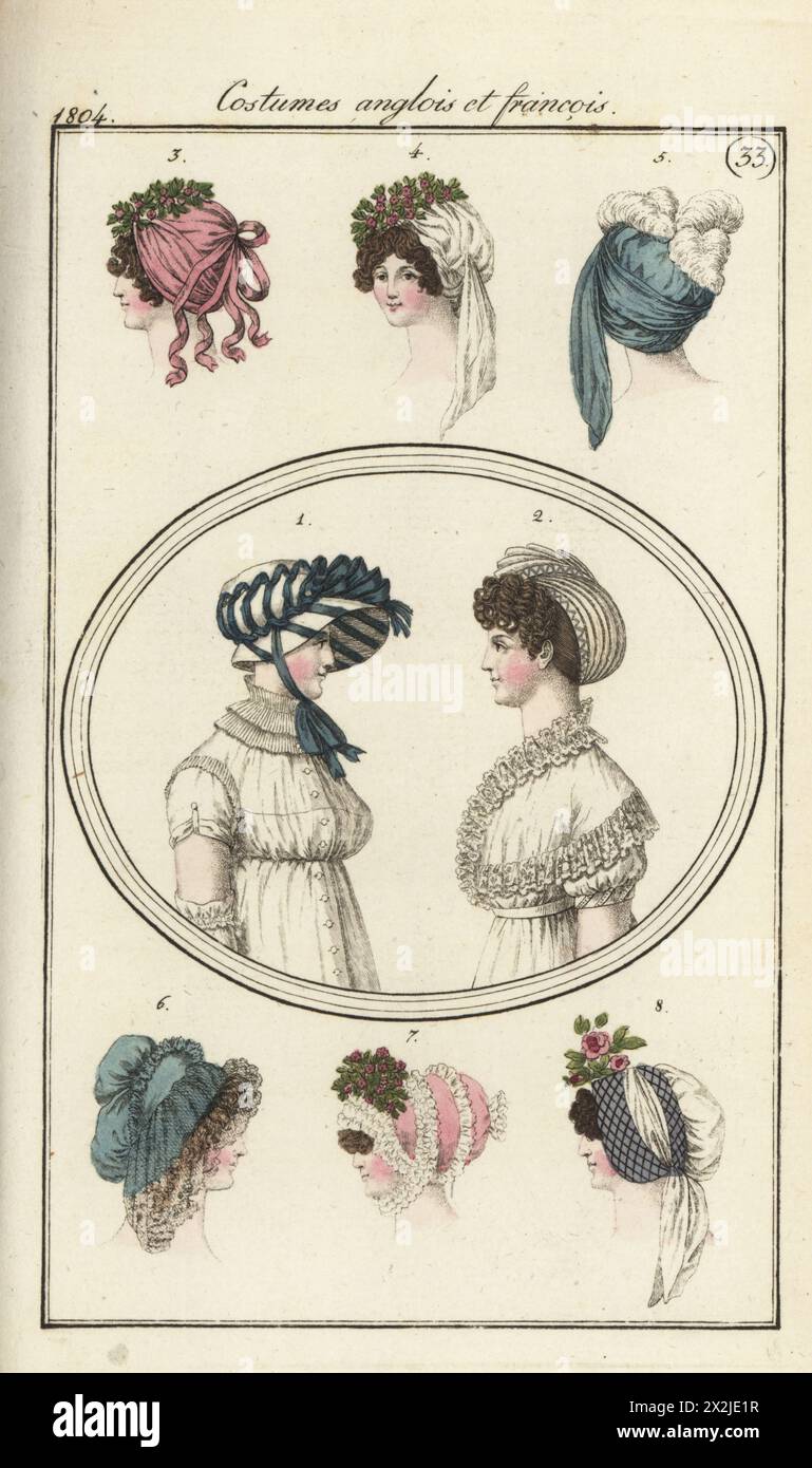 Französische Haube mit blauem Band 1 (PL. 567 in der Pariser Ausgabe), Frau in Halbturban und Locken 2. Englische Hauben und Turbanen in Krepp, Satin und Taft 3-6 aus Richard Phillips' Fashions of London & Paris. Kostüme anglois et francois. Handkolorierter Kupferstich aus Pierre de la Messengere’s Journal des Dames et des Modes, Francfort sur le mein (Frankfurt) 1804. Nach Illustrationen von Carle Vernet, Jean-Francois Bosio, Dominique Bosio und Philibert Louis Debucourt. Stockfoto