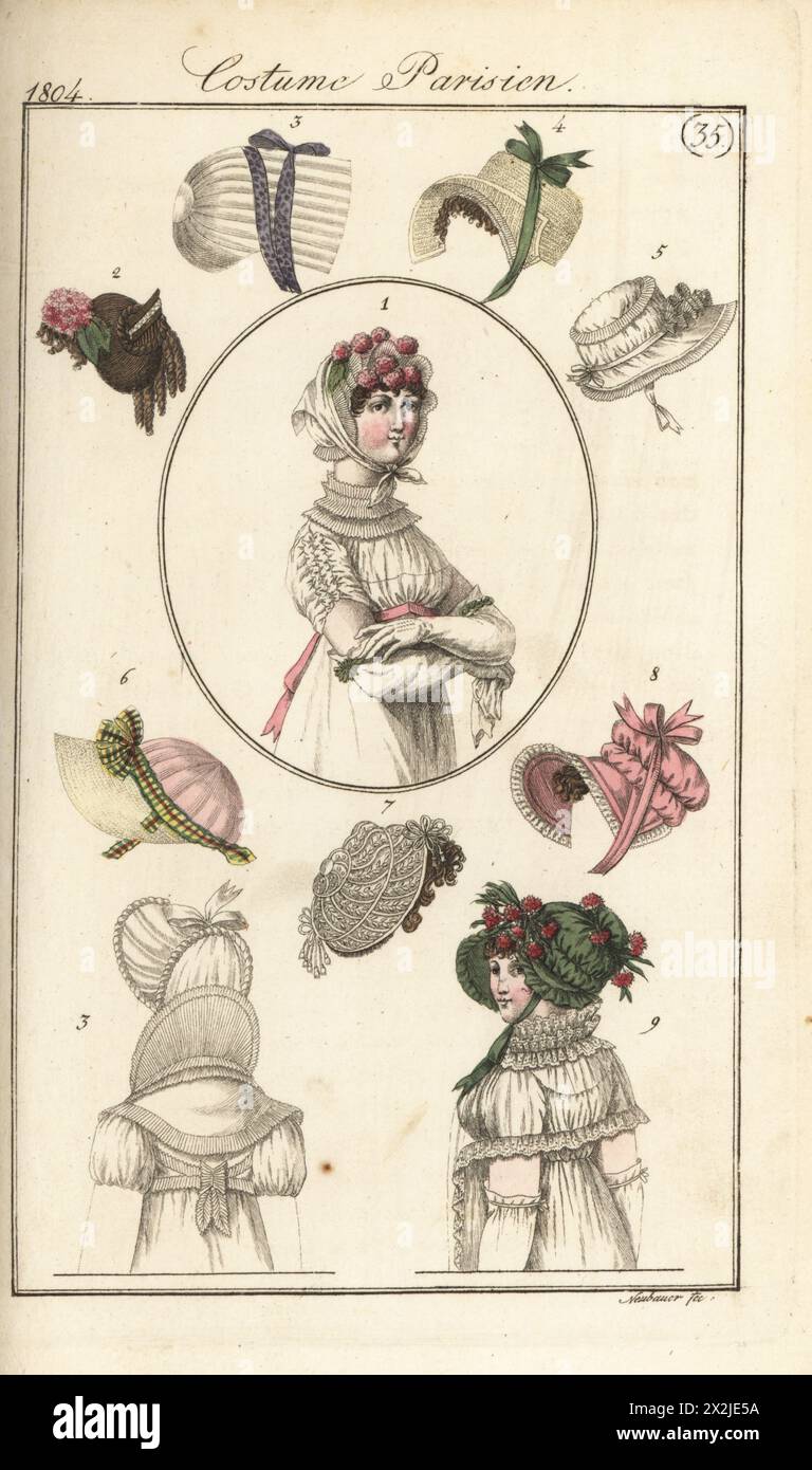 Haube mit Hortensien 1, Frisur mit Hortensien 2, Perkalhauben 3, Strohhüte 4, Perkalenhut 5, rosa Hut 6, spitzennetz 7, Taft Kapuze 8, Kapuze mit Nelken 9. Motorhaubenfrise orne d'hortensia, dessus et dessous 1 PL. 574 in der Pariser Ausgabe. Handkolorierter Kupferstich von Friedrich Ludwig Neubauer aus Pierre de la Messengere’s Journal des Dames et des Modes, Francfort sur le mein (Frankfurt) 1804. Nach Illustrationen von Carle Vernet, Jean-Francois Bosio, Dominique Bosio und Philibert Louis Debucourt. Stockfoto