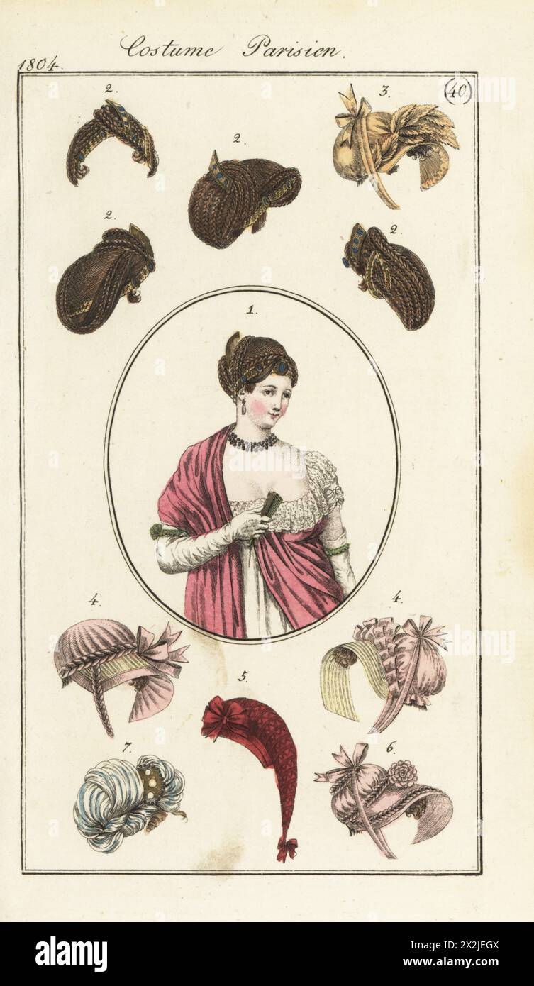 Französische Frau mit geflochtener Frisur für formelles Kleid 1 (PL. 578 in der Pariser Ausgabe), geflochtene Haare 2, Taffetahut 3, Strohhut 4, Haarnetz 5, Hut mit geflochtenen Bändern 6 und Haarschmuck mit Chiffon-Vorhang 7 (PL. 581). Coiffure de grande parure 1, Haistylen und Hauben 2-7. Handkolorierter Kupferstich aus Pierre de la Messengere’s Journal des Dames et des Modes, Francfort sur le mein (Frankfurt) 1804. Nach Illustrationen von Carle Vernet, Jean-Francois Bosio, Dominique Bosio und Philibert Louis Debucourt. Stockfoto