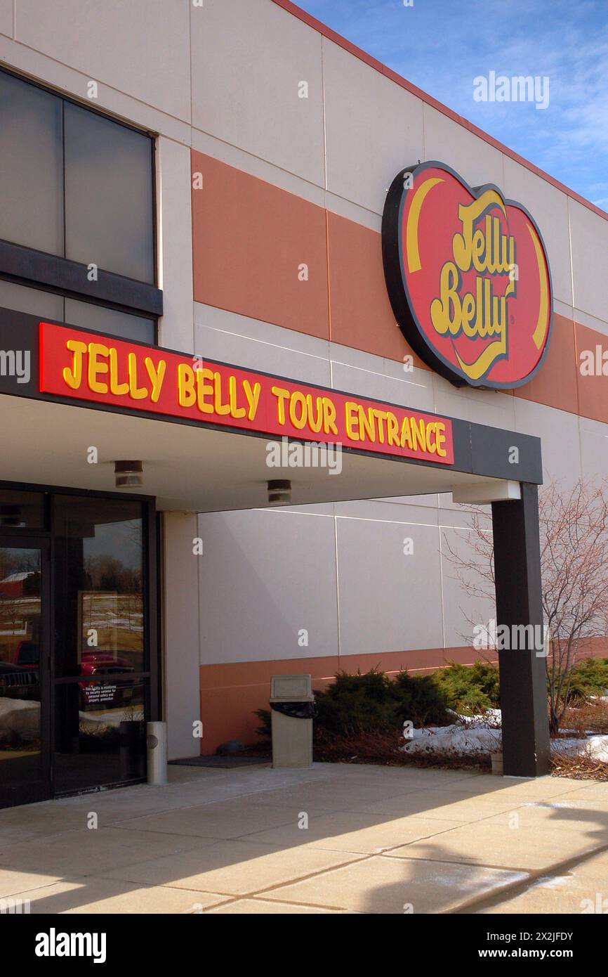Der Eintritt zur Jelly Belly Factory Tour in Pleasant Prairie, Wisconsin, wo Besucher die Herstellung von Jelly Beans und Süßigkeiten beobachten können Stockfoto