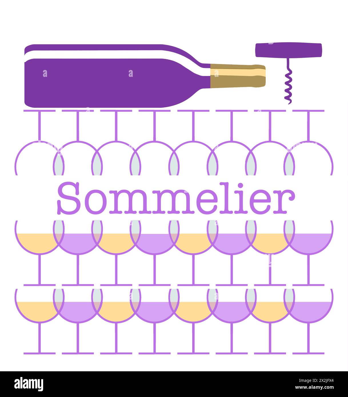 Ein Sommelier oder Weinverwalter und Weinexperte ist das Thema dieser 3D-Illustration. Weingläser, Stielgeschirr, wird mit Rot- und Weißwein in einer Abst gesehen Stockfoto