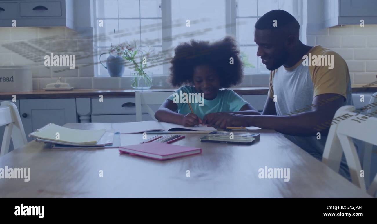 Bild der Datenverarbeitung über afroamerikanische Vater und Tochter, die Hausaufgaben machen Stockfoto