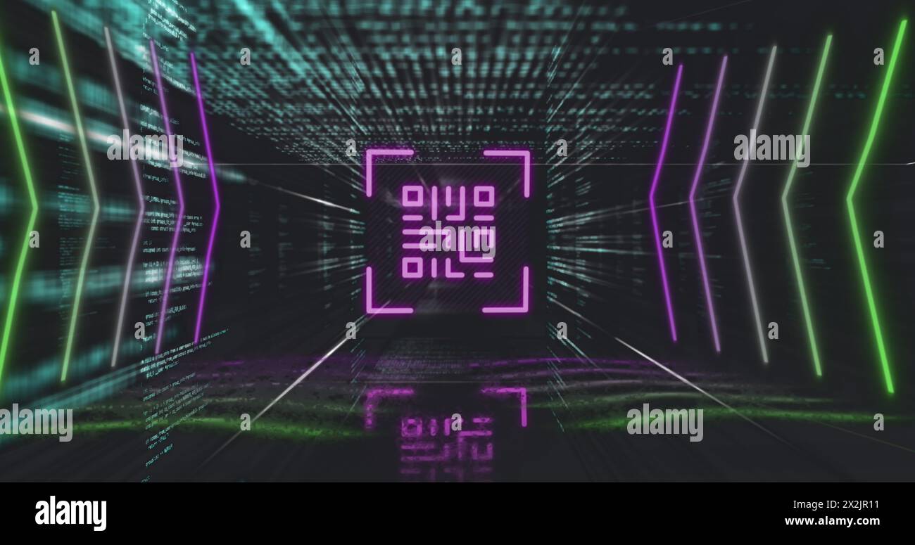 Bild des qr-Codes, der über der Datenverarbeitung leuchtet Stockfoto