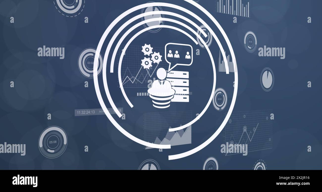 Bild von Symbolen und Datenverarbeitung auf schwarzem Hintergrund Stockfoto