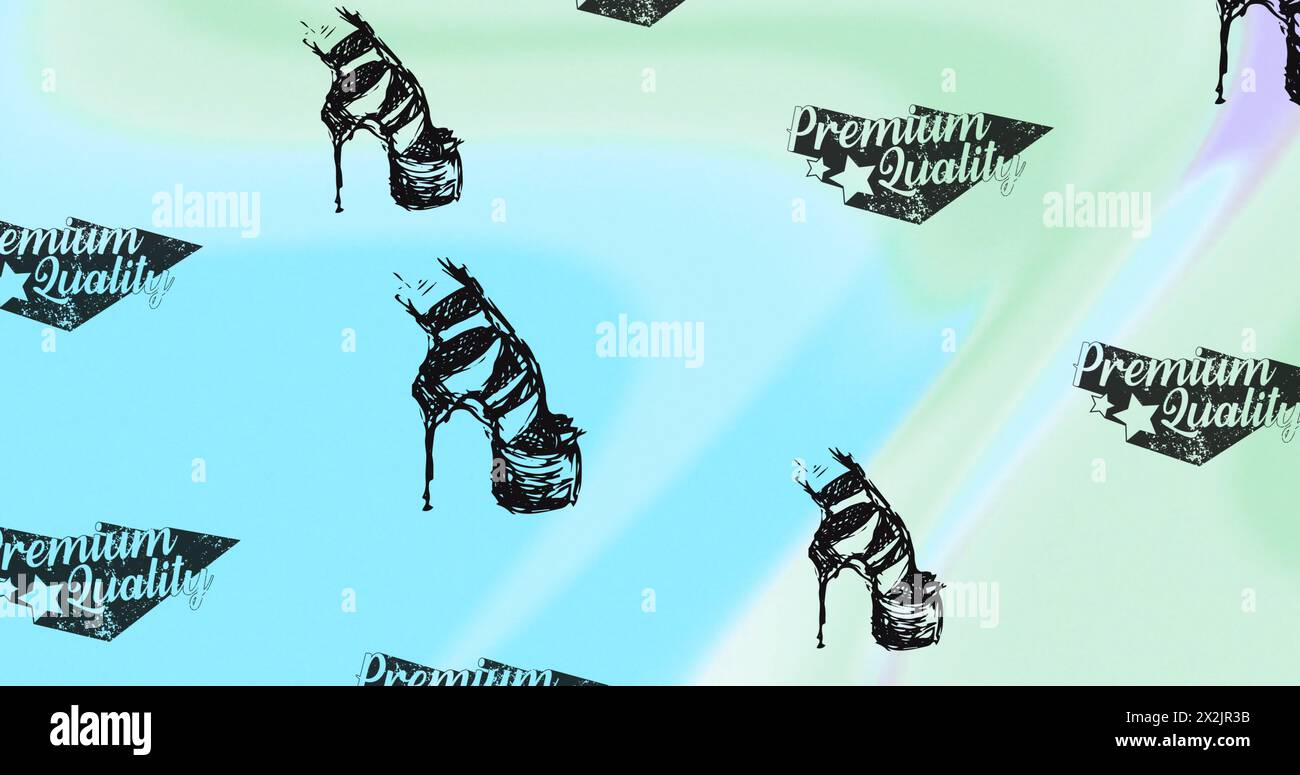 Bild von schwarzen Schuhen und hochwertigen Texten auf farbenfrohem Hintergrund Stockfoto