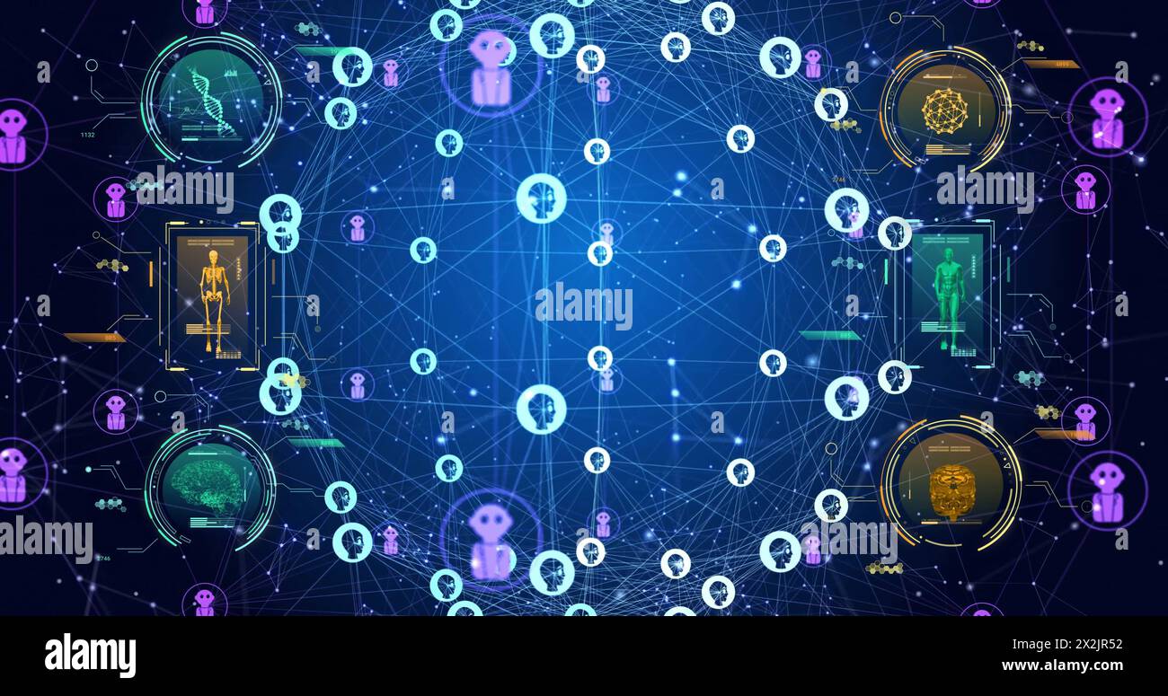 Bild des Globus mit Netzwerken von Verbindungen, wissenschaftlicher Datenverarbeitung und KI-Symbolen Stockfoto