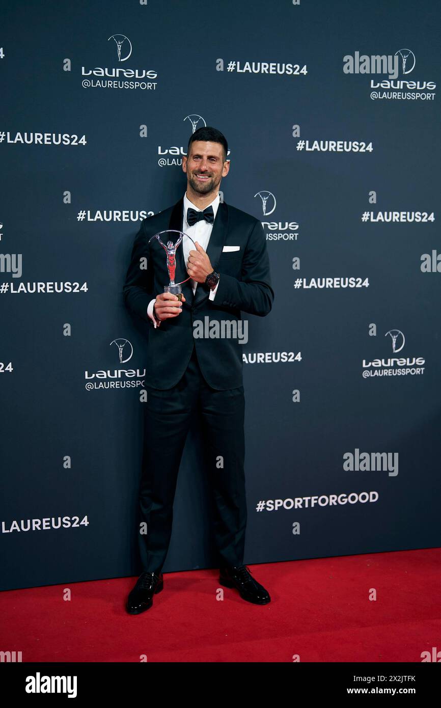 22. April 2024, Madrid, Spanien: Novak Djokovic posiert als Gewinner der Laureus World Sports Awards Madrid 2024 im Palacio de Cibeles am 23. April 2024 in Madrid, Spanien (Foto: © Jack Abuin/ZUMA Press Wire) NUR ZUR REDAKTIONELLEN VERWENDUNG! Nicht für kommerzielle ZWECKE! Stockfoto