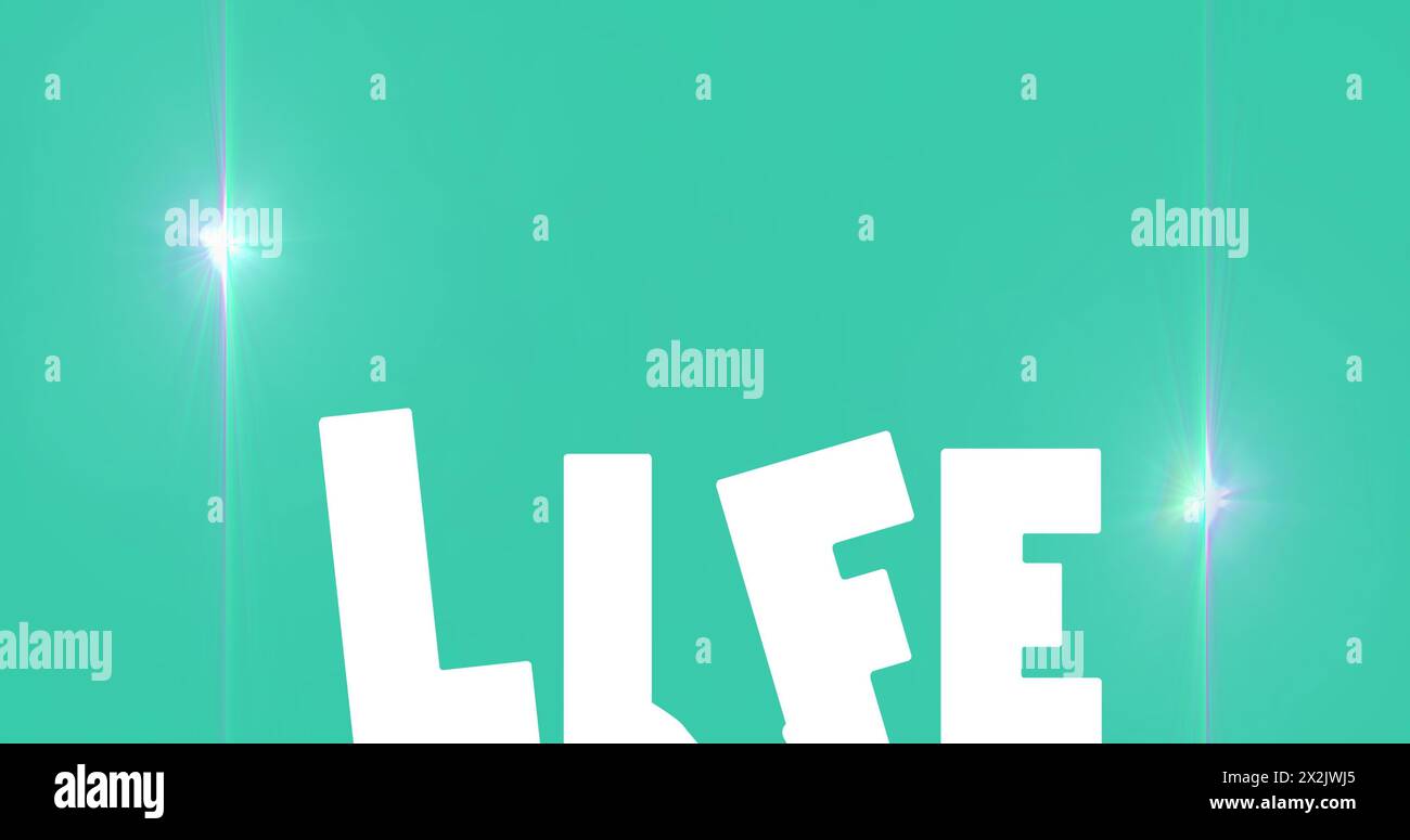 Digitales Bild des Lichtflecks vor LIFE-Textbanner mit Kopierraum auf blauem Hintergrund Stockfoto