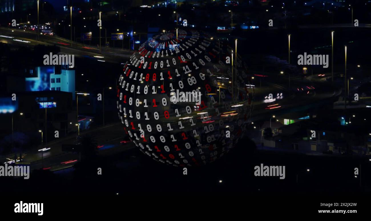 Bild des Globus mit Binärcodierung und Datenverarbeitung über Stadtbild Stockfoto