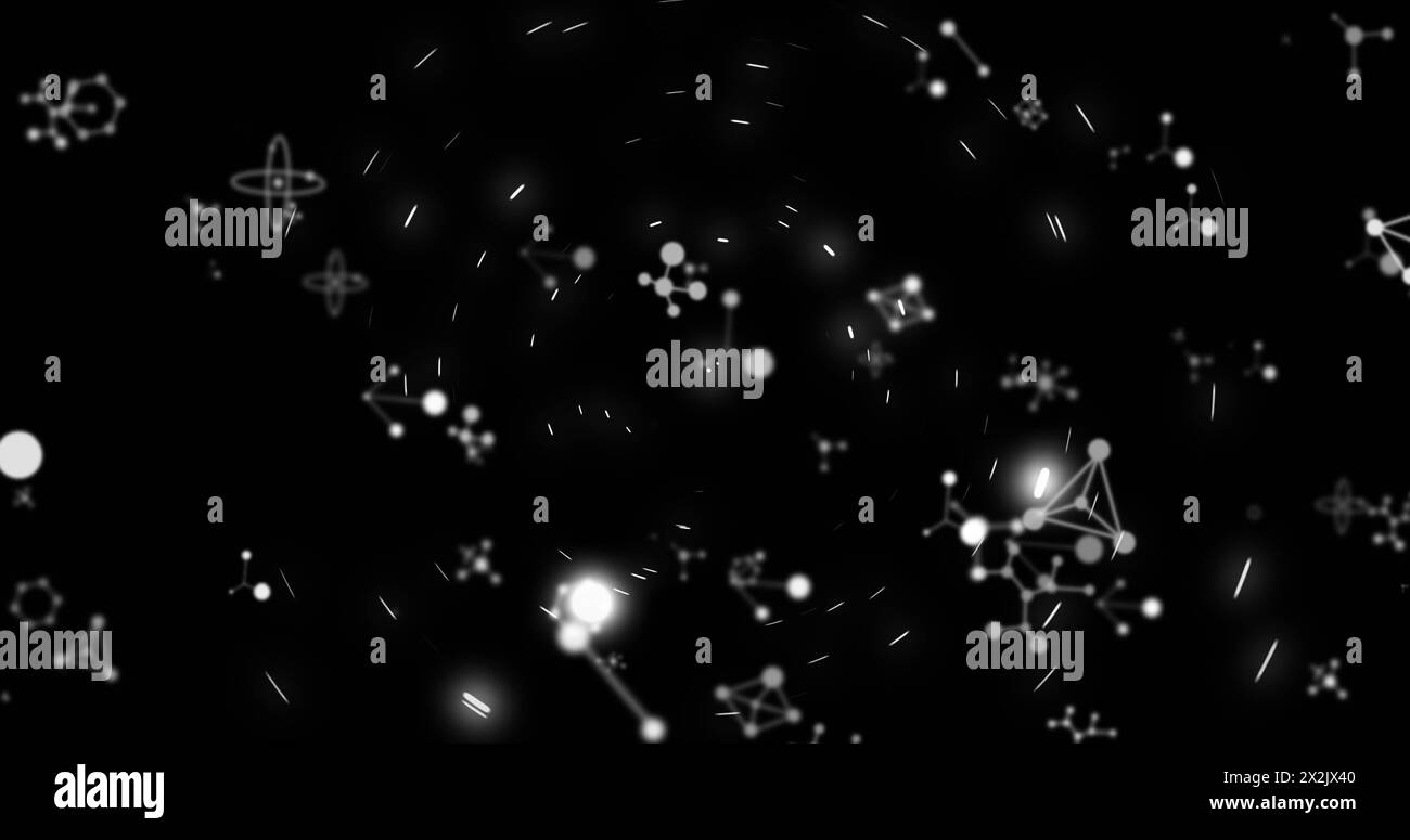 Bild von Molekülen, die sich über schwarzem Hintergrund drehen. Wissenschaft, Licht und Farbkonzept digital generiertes Bild. Stockfoto
