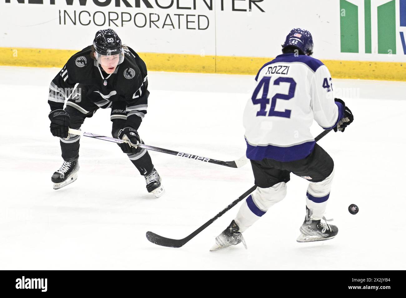 Fargo Force Forward IIro Hakkarainen (20) kommt am 22. April 2024 in der Scheels Arena in Fargo, ND, an Tri-City Storm Forward Jake Rozzi (42) vorbei. Fargo führt die Serie 1-0 an. Foto: Russell Hons/CSM (Foto: © Russell Hons/Cal Sport Media) Stockfoto