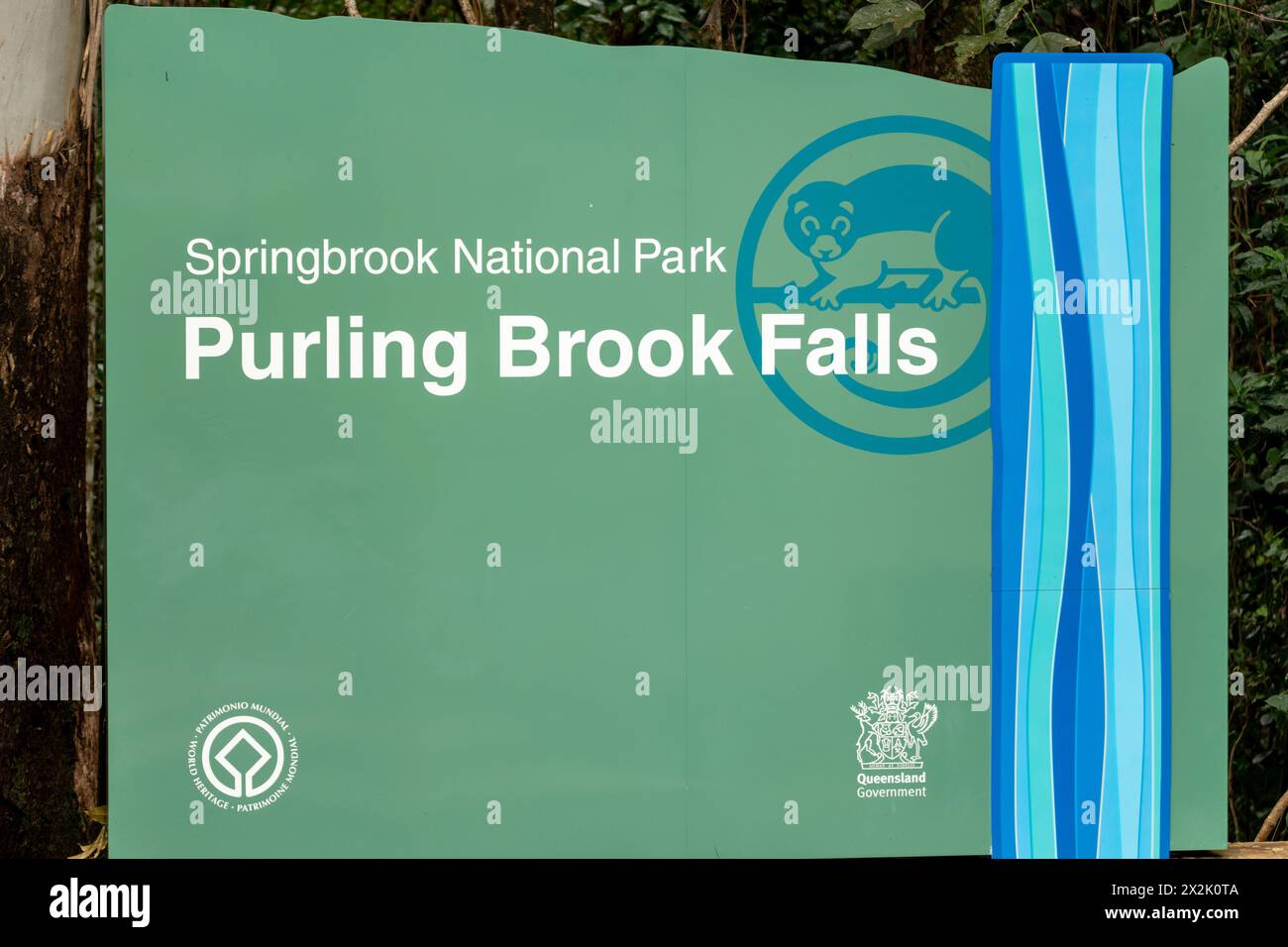 Begrüßungsschild mit Regenwald im Hintergrund zum Springbrook Nationalpark in Queensland, Australien. Stockfoto