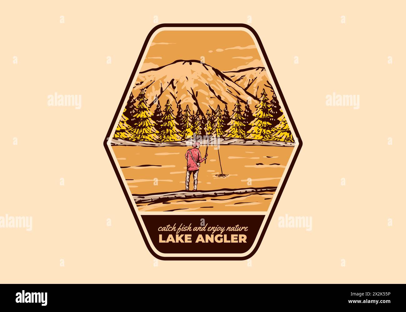 Vintage-Illustration-Abzeichen eines Mannes, der auf dem See mit Blick auf den Wald und die Berge fischt Stock Vektor