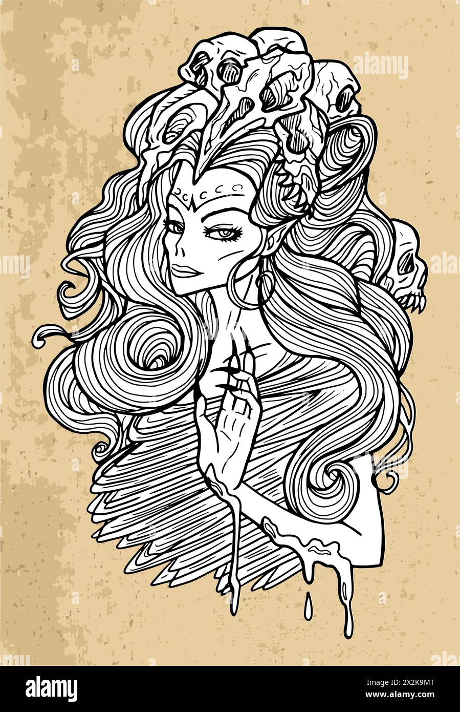 Schaurige Illustration mit einer schönen Frau als Dämon mit Schädeln im Haar. Esoterische, mystische und gotische Konzepte, Halloween-Hintergrund, Saibling Stock Vektor