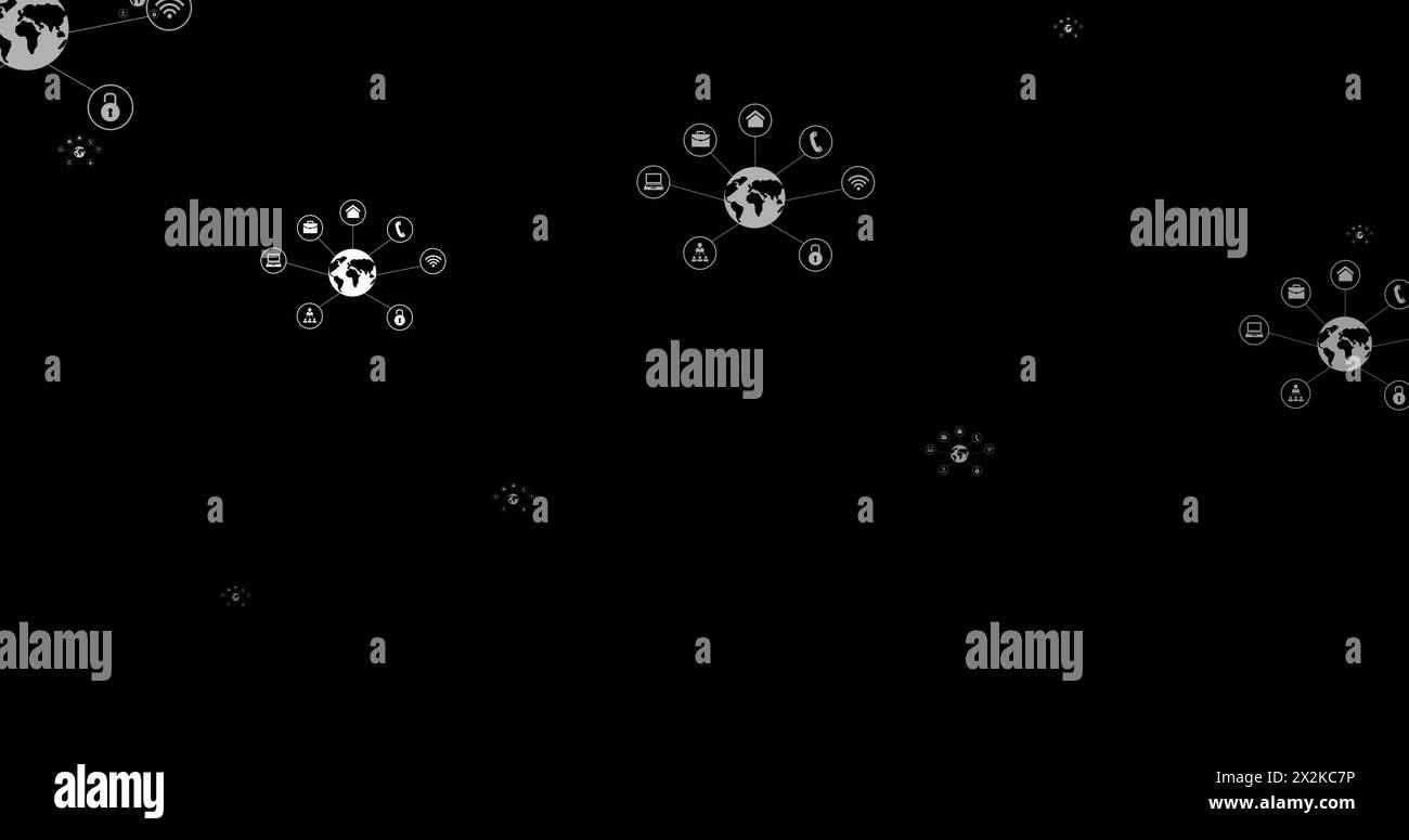 Bild der schwebenden verbundenen Symbole auf schwarzem Hintergrund, Kopierraum. Computer- und Kommunikationskonzept digital generiertes Bild Stockfoto