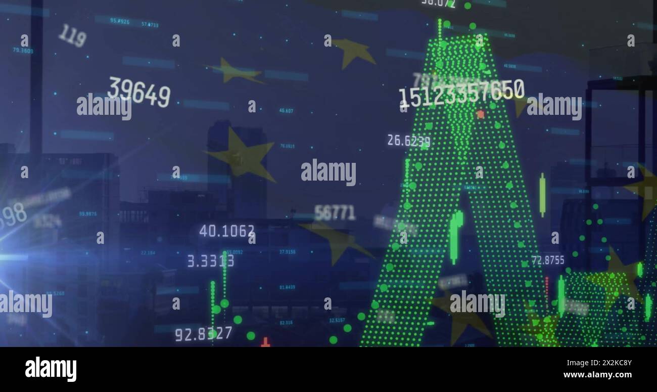 Bild der Verarbeitung von Finanzdaten über Flagge von UE und Stadtbild Stockfoto