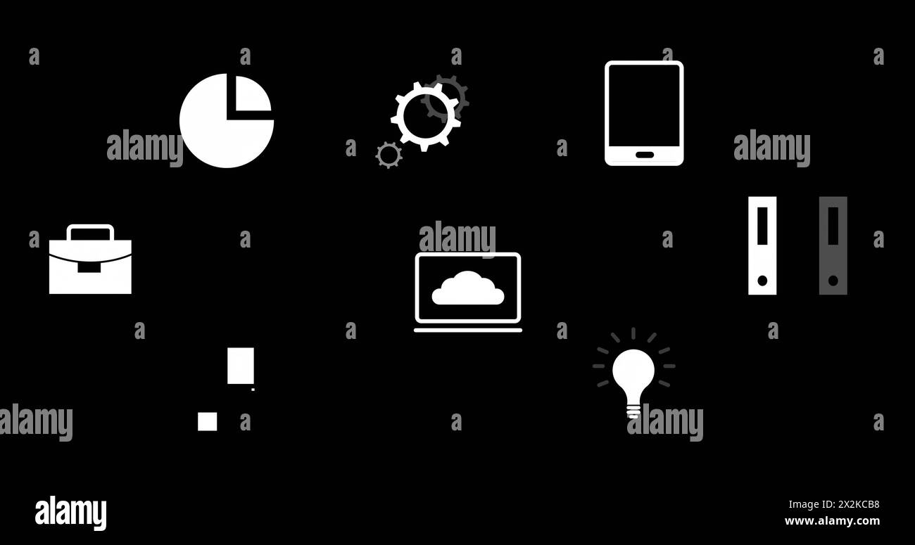 Bild von schwebenden digitalen Symbolen auf schwarzem Hintergrund. Computer-, Symbol- und Kommunikationskonzept digital generiertes Bild. Stockfoto