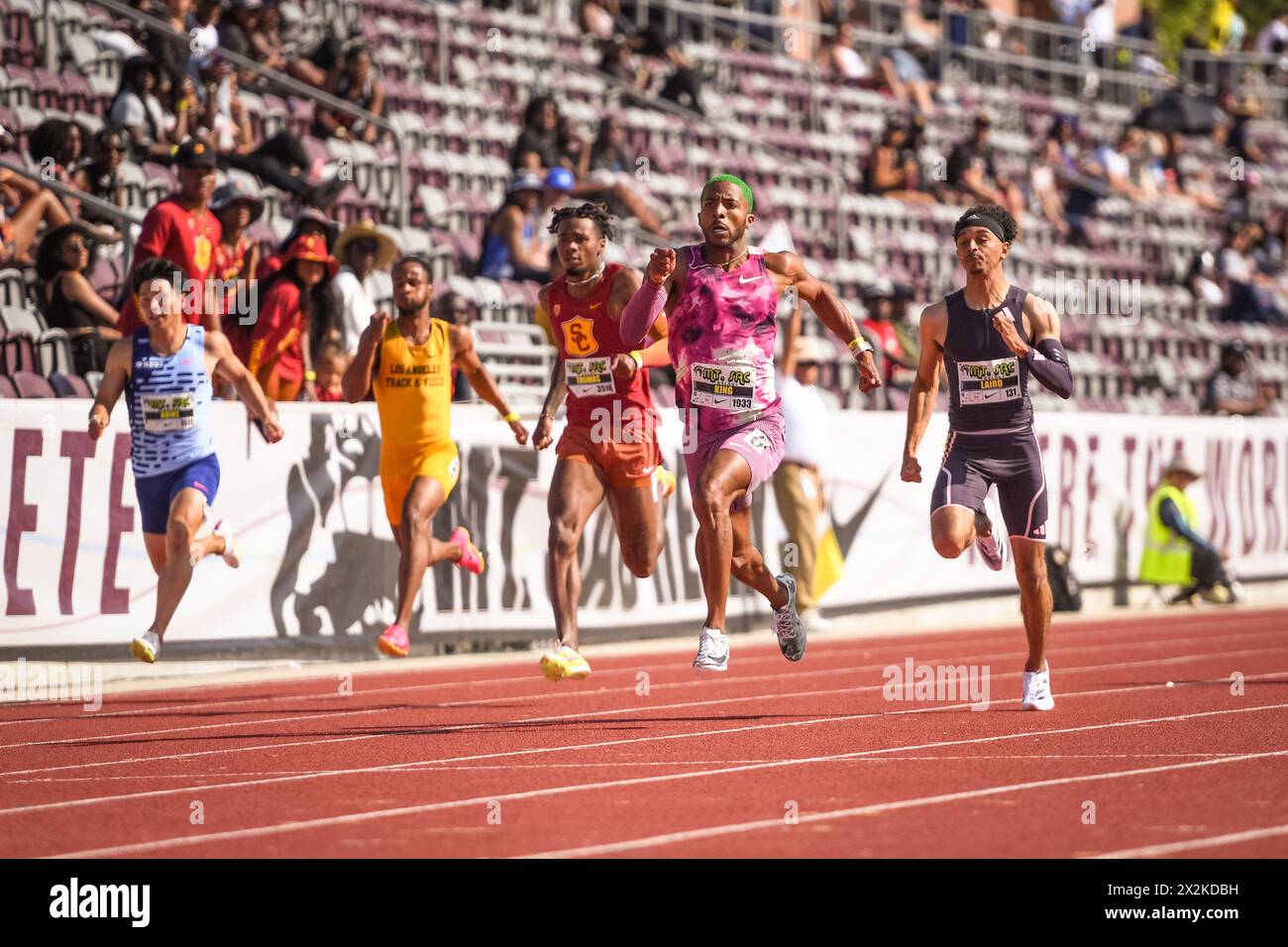 Kyree King of Nike gewinnt die 200 m langen Männer während der 64. Mt. San Antonio College Relays im Hilmer Lodge Stadium am Samstag, den 20. April 2024, in Walnut, Stockfoto