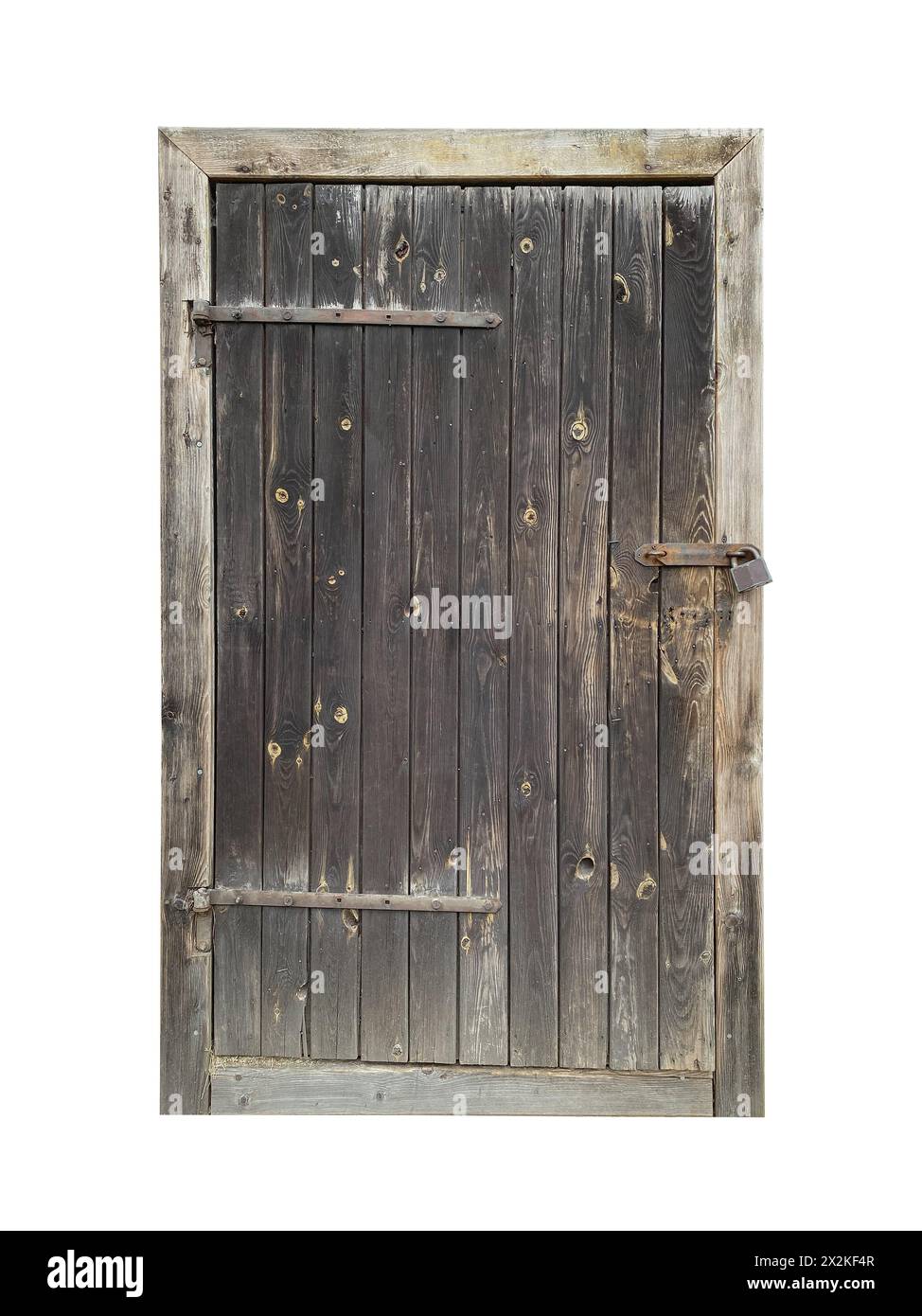 Alte Holztür auf weißem Hintergrund Stockfoto