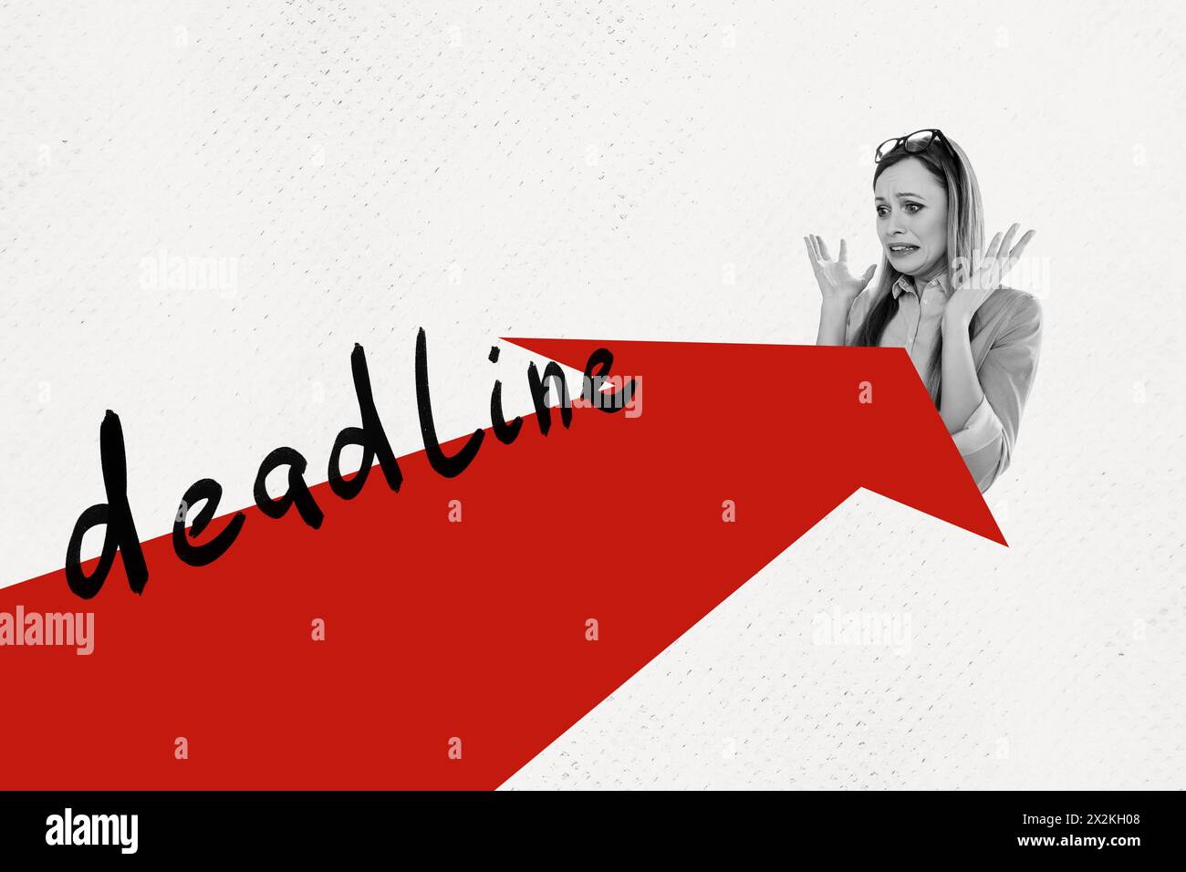 Composite-Fotocollage von verängstigten Mädchen Linie Deadline Limit Ablauf Problem Pfeil Punkt Ausfallzeit über isoliert auf gemalten Hintergrund Stockfoto
