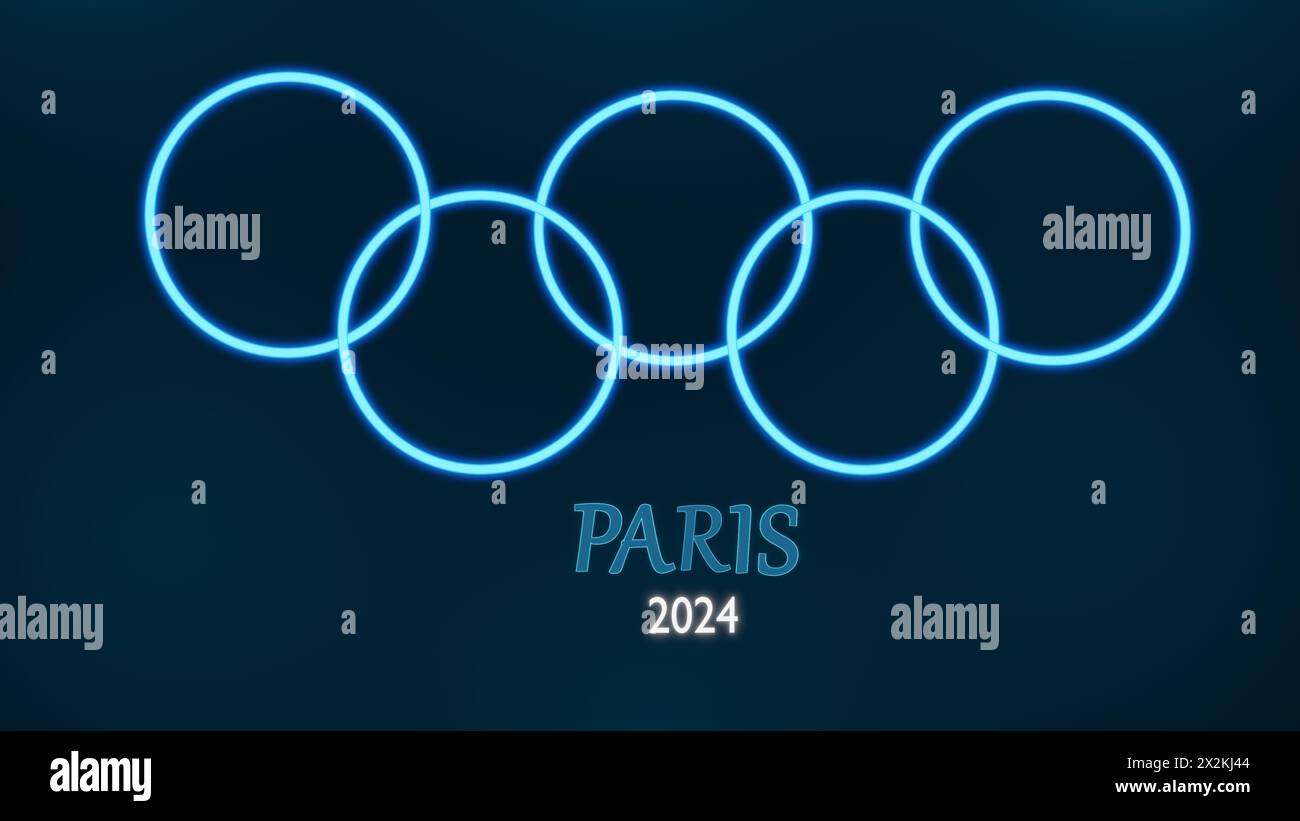 Olympiade: Neonblaue Ringe auf dunklem Hintergrund. Paris 2024 Neon-Logo. Stockfoto