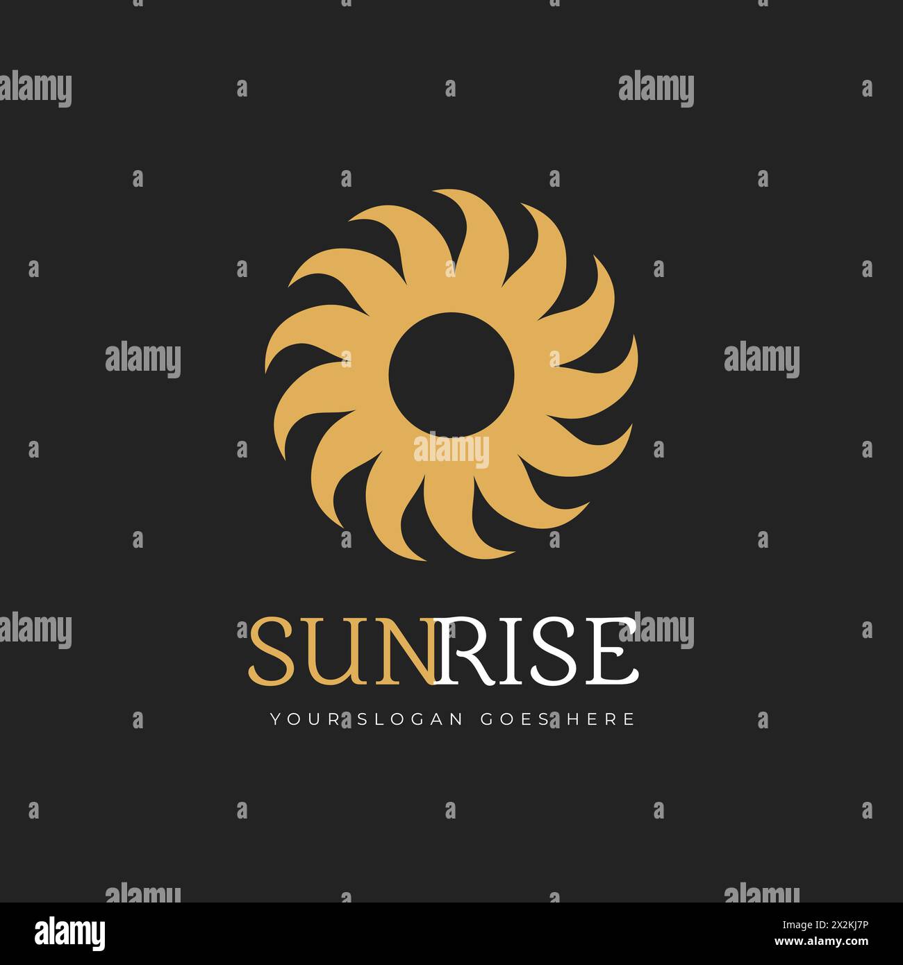Abstraktes Sun-Logo. Goldenes Sonnenaufgangssymbol mit Wirbelstrahlen. Illustration des Rohvektors auf dunklem Hintergrund isoliert. Stock Vektor