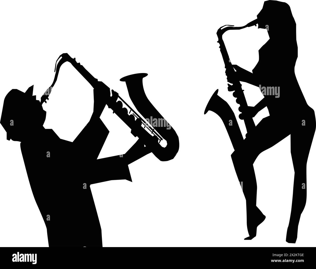 Silhouetten-Vektorillustration eines jungen Mannes und einer jungen Frau, die Saxophon-Musikinstrumente spielen, isoliert auf weißem Hintergrund Stock Vektor