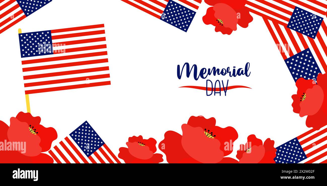Poster zum Memorial Day. Amerikanische Fahnen mit Mohnblumen auf weißem Hintergrund. Vektorillustration horizontales Banner für Design nationale traditionelle HO Stock Vektor