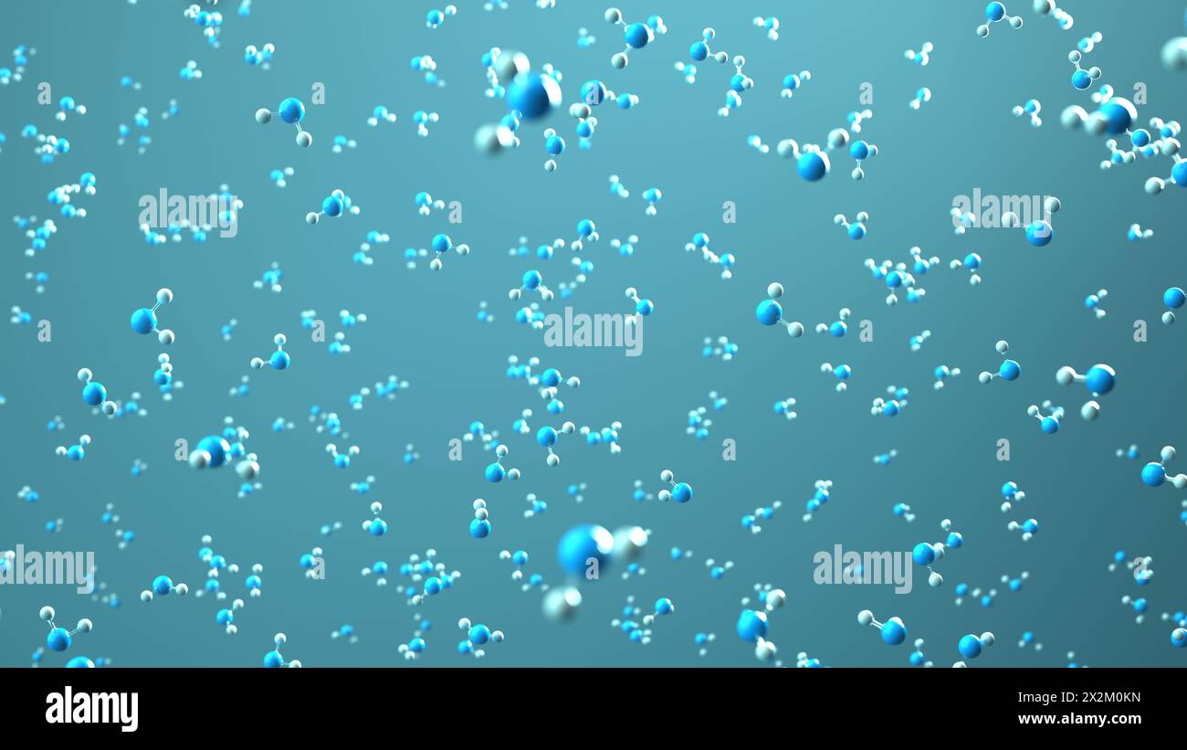 H2O-Wassermolekül Flüssigkeit. 3D-Abbildung. 3D-Darstellung des H2O-Moleküls. Stockfoto