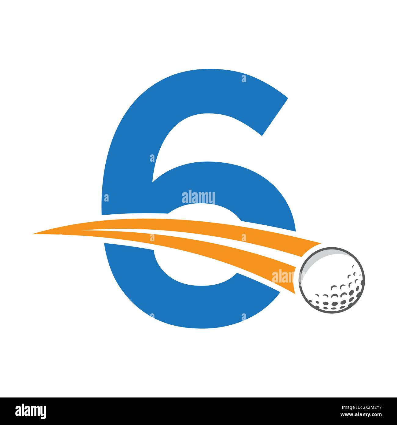 Golf-Logo auf Buchstabe 6 Konzept mit beweglichem Golfball-Symbol. Hockey-Schild Stock Vektor