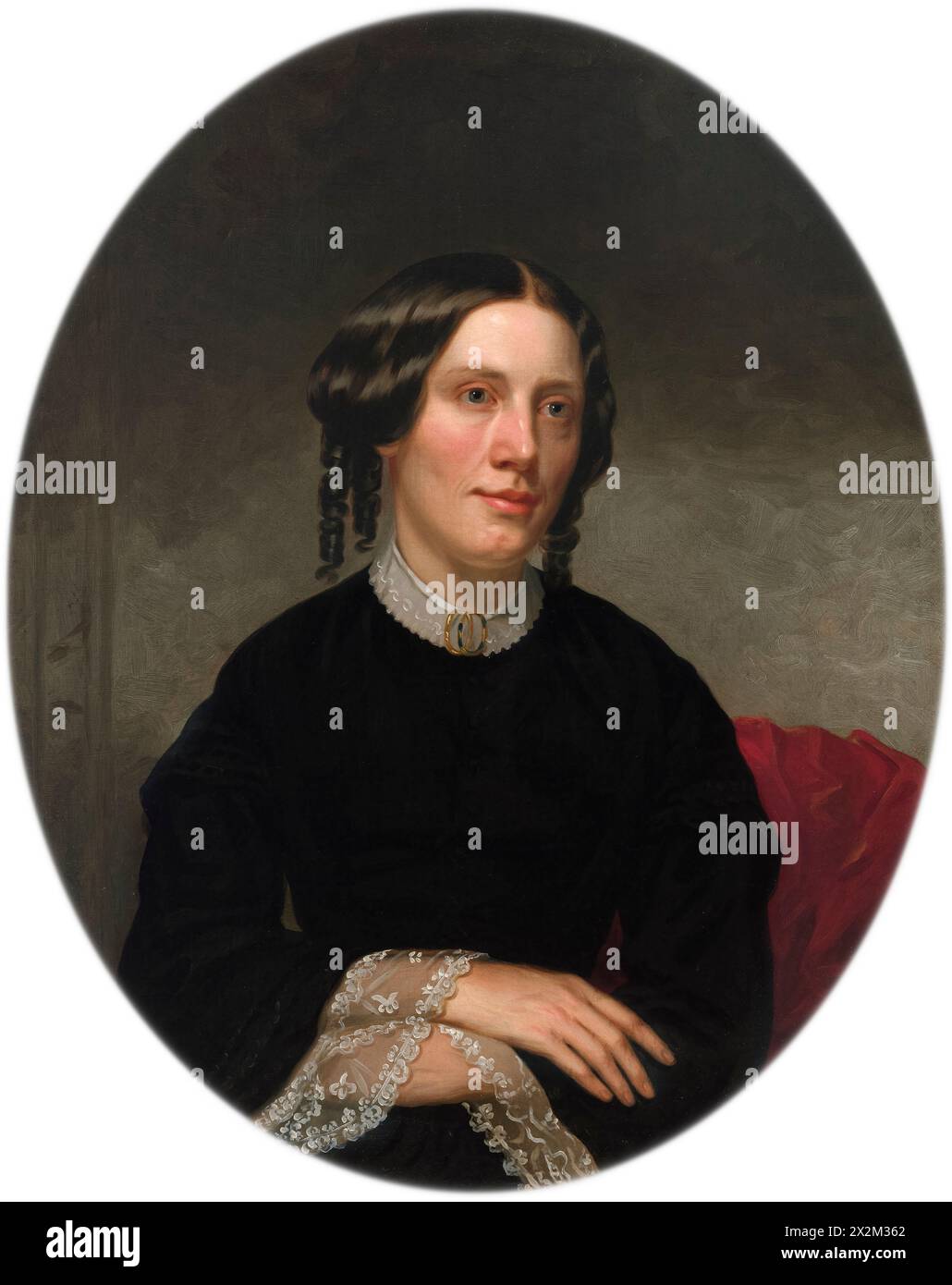 Porträt von Harriet Beecher Stowe des amerikanischen Künstlers Alanson Fisher (1807–1884), gemalt 1853. Dieses Porträt wurde ein Jahr nach der Veröffentlichung von Stowes Bestsellerroman „Onkel Tom's Cabin“ in Auftrag gegeben, der in den 1850er Jahren viel zur Förderung der Abolitionismus beigetragen hat Stockfoto